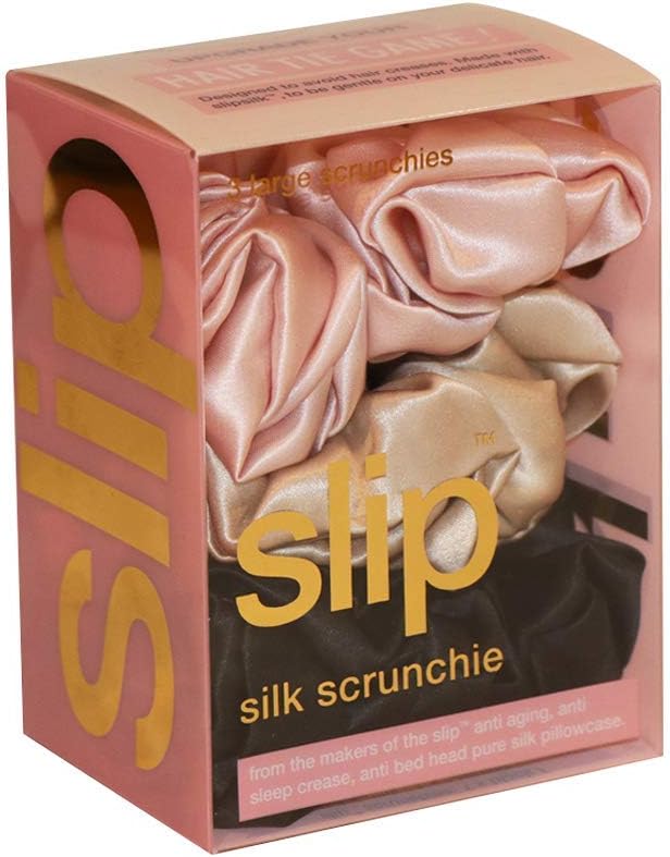 Slip Silk Large Scrunchies in Black, Pink, and Caramel - 100% Pure 22 Momme Mulberry Silk Scrunchies for Women - Hair-Friendly Silk Scrunchies - Luxurious Elastic Hair Scrunchie Set (3 Scrunchies)