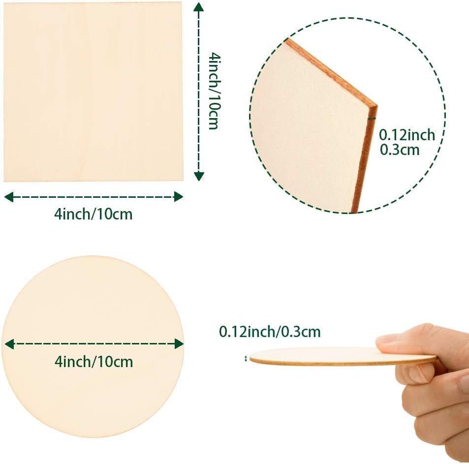 Wood Slices 100 Pcs of Unfinished Wood Chips 4x4 inch Blank Wood Chips for Handicrafts Home Decoration Wooden Coasters and DIY Crafts 50 Pcs Wood Squares and 50 Pcs Wood Circles