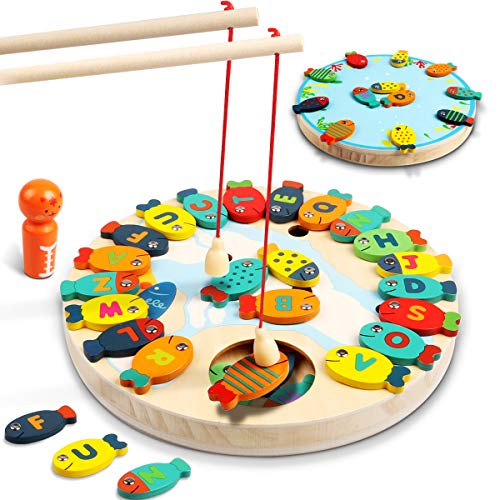 Lydaz 30 PCS Wooden Magnetic Fishing Game, Magnetic Alphabet Letters Fishing Toy, Montessori Toys Educational Games Fine Motor Skill Toys for 3 4 5 Year Old Boys Girls Kids Toddlers