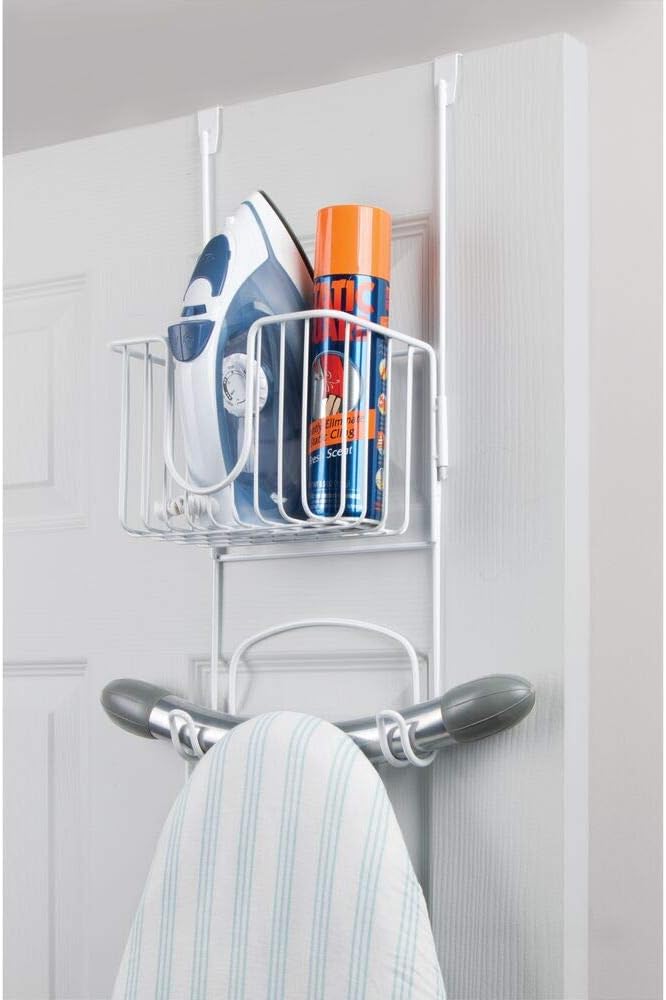 mDesign Metal Wire Over Door Hanging Ironing Board Holder with Small Storage Basket - Organizer Holds Iron, Board, Spray Bottles, Starch, Fabric Refresher - for Laundry, Utility Room, Closet - White: Home & Kitchen