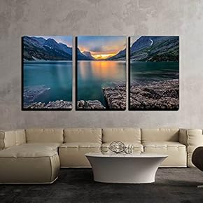 3 Piece Canvas Wall Art - Sunset at St Mary Lake, Glacier National Park, Mt - Modern Home Art Stretched and Framed Ready to Hang - 16"x24"x3 Panels