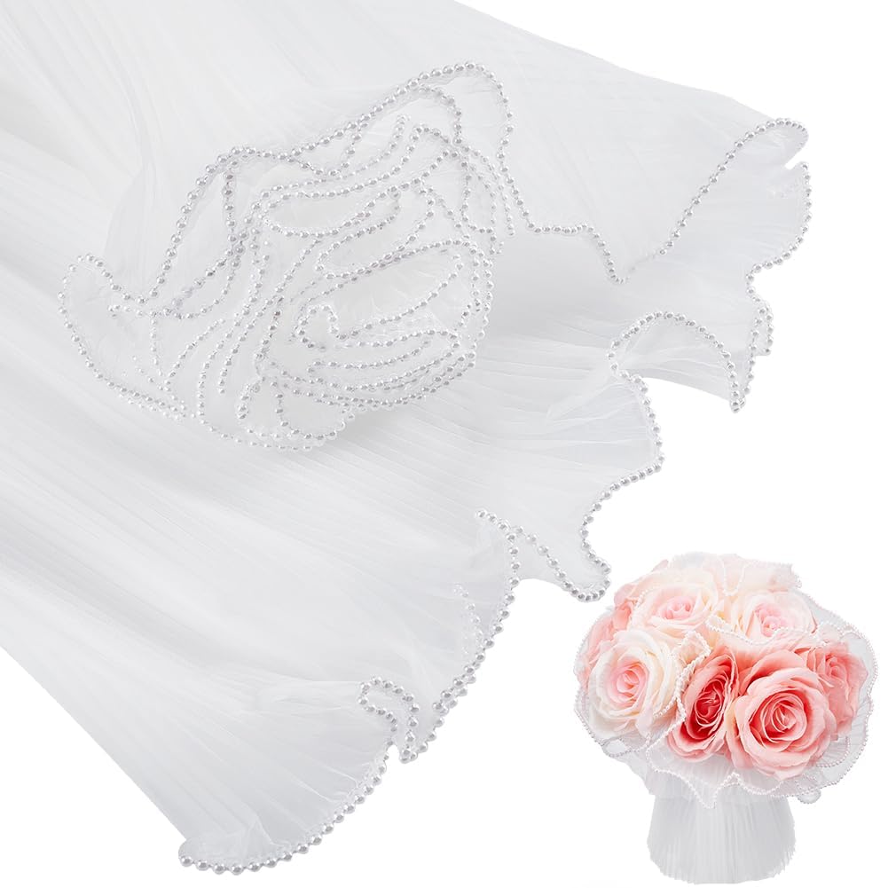 BENECREAT 4.37 Yards White Flower Wrapping Mesh Paper, Pearl Edge Bouquet Packaging Paper Wrinkled Translucent for Party Favor Decor, Florist Supplies Wedding Gift Packaging