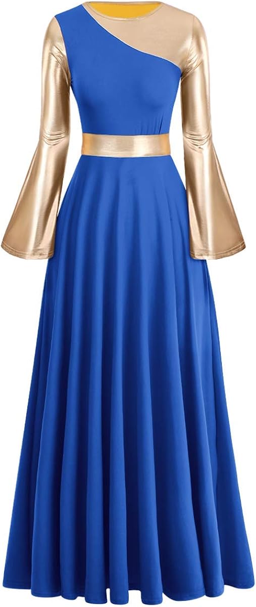 Women Metallic Bi Color Liturgical Praise Dance Dress Bell Long Sleeve Lyrical Dancewear Church Robe Worship Costume: Clothing