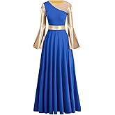 IBAKOM Liturgical Praise Dance Worship Long Dress for Women Metallic Gold Color Block Loose Fit Full Length Church Dancewear