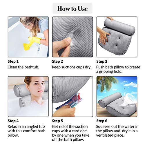 ESSORT Bathtub Pillow, Large Spa 3D Air Mesh Bath Pillow, Luxury Comfortable Soft Bath Cushion Headrest, for Head Neck Shoulder Support Backrest, Fits Any Size of Tubs, Jacuzzi (Gray) - Thumbnail 7
