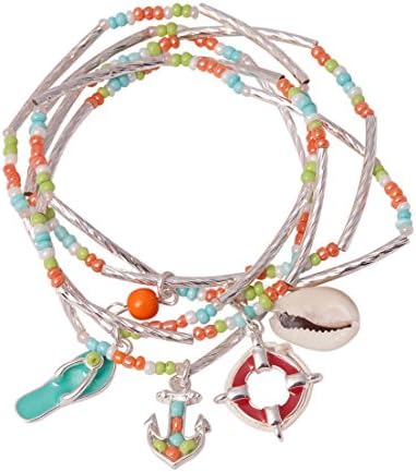 5 Nautical Sea Beach Themed Orange Blue Stretch Stackable Bracelets (Orange and Blue)