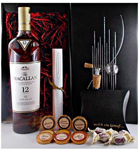 Geschenk Macallan 12 Jahre Sherry Oak Single Malt Whisky + Glaskugelportionierer + Edelschokoladen