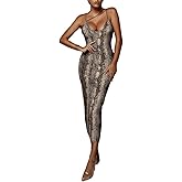 PRIMODA Women's Sexy Neon Asymmetrical Spaghetti Strap Dress Deep V-Neck Sleeveless Bodycon Midi Club Dress