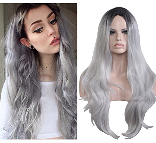 Aneshe Grey Ombre Wig Long Wavy Black To Silver Gray Wigs With