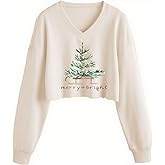 FKQRXO Women V-Neck Winter Christmas Crop Sweatshirt Funny Xmas Believe Christmas Tree Merry and Bright Graphic Pullover Tops