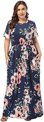 YUMDO Women's Short Sleeve Floral Printed Maxi Dress Plus Size Dresses with Pockets Dark Blue 3XL