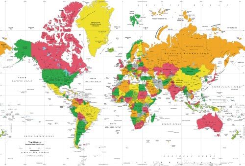 Academia Maps - World Map Wall Mural - White Ocean Political Map - Premium Self-Adhesive Fabric