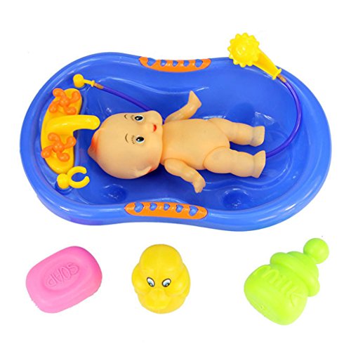 Just us Blue Plastic Bathtub with Baby Doll Bath Toy Set Classic Baby Toys for Child Water Floating Toys Early Educational Newborn Gift