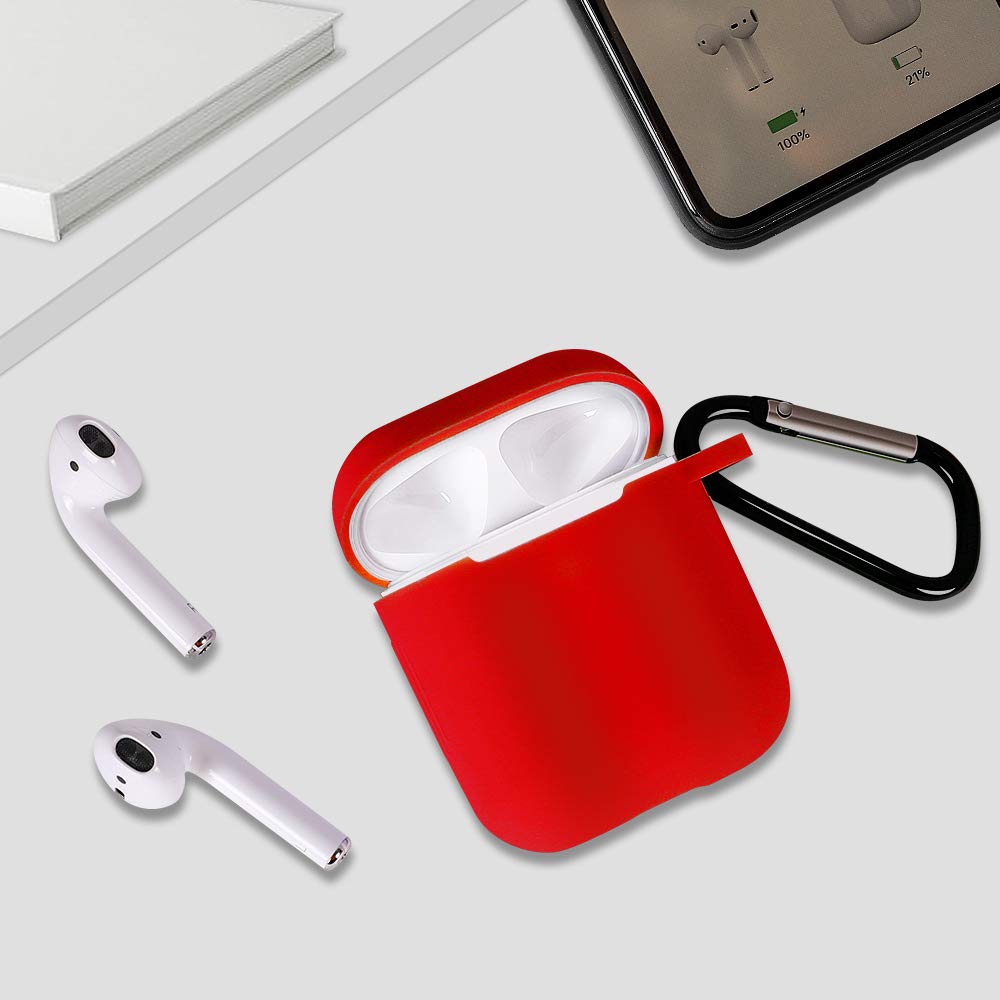 Airpods Case, (Front LED Visible) Upgrade Silicone Protective Shockproof Wireless Charging Airpods Earbuds Case Cover Skin with Keychain kit Set Compatible for Apple AirPods 1 & 2 2016-2019(Red)