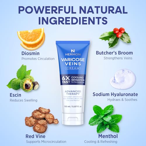 Hermon Varicose Veins Cream, Varicose Veins for Legs, Spider Vein for Legs, Natural Soothing Leg Varicose & Spider Veins Cream - 5.07 Fl Oz