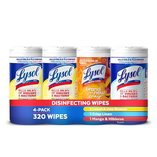 LYSOL DISINFECTING WIPES BUNDLE, HOME APARTMENT DORM ROOM ESSENTIALS AND CLEANING SUPPLIES, ALL PURPOSE CLEANER, MULTI-SURFACE CLEANING WIPES, MULTI-SCENT SANITIZING WIPES BUNDLE, 80 COUNT (4PK)