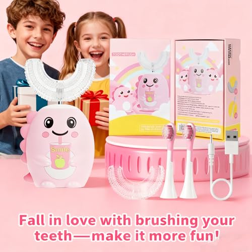 Cartoon Kids U-Shaped 360º Ultrasonic Electric Toothbrush cleaning Gift Box Set,Blue Led-Lights| IPX7 Waterproof | 5 Modes | 50s Smart Timer | 360° Full Mouth Cleaning Automatic(2-12age) (Pink)