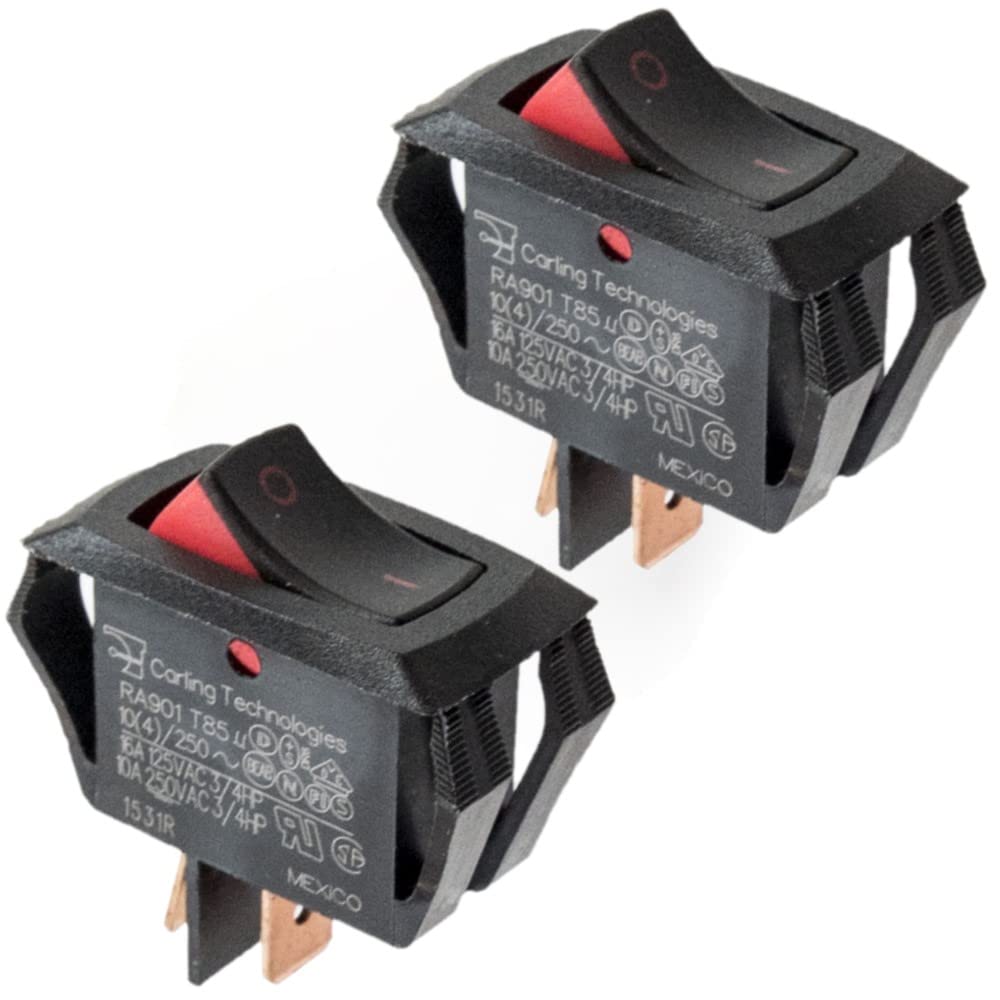 Carling Technologies Curvette Rocker Switch RA901-VB-B-9-V | SPST ON-Off | 10A 250VAC | Black/Red Actuator | Pack of 2