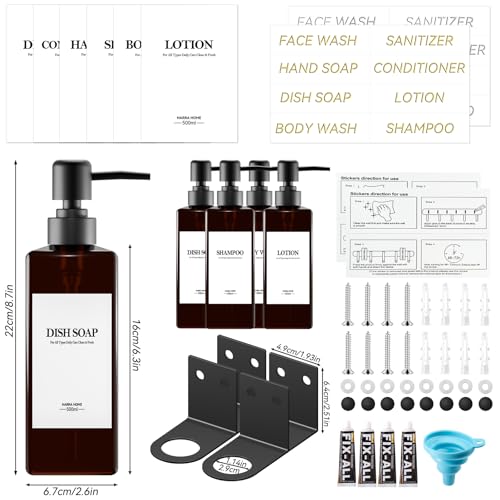 4 x Wall Mounted Shower Soap Dispenser, Bathroom Soap Dispenser Without Drilling 500 ml Brown Shower Dispenser Shampoo and Body Wash with Funnel and Three-Dimensional Labels for Bathroom, Kitchen