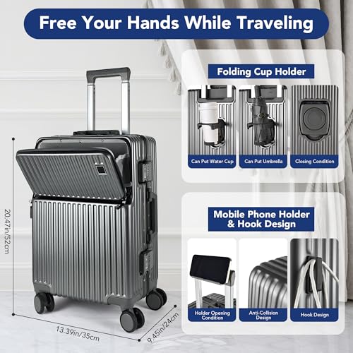 Carry On Luggage, 20 Inch Hardside Luggage, Carry On Suitcase with Front Open Laptop Compartment and Pocket, with Combination Lock, 4 Spinner Wheels, Cup Holder and Hook (c-White)
