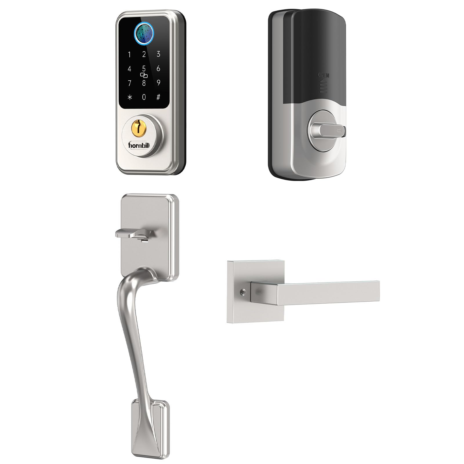 hornbill Biometric Fingerprint Smart Lock with Front Door Handle Set, Keyless Entry Smart Door Lock with Keypad, 8-in-1 Smart Deadbolt, Digital Smart Door Lock, Bluetooth Door Lock with Auto Lock