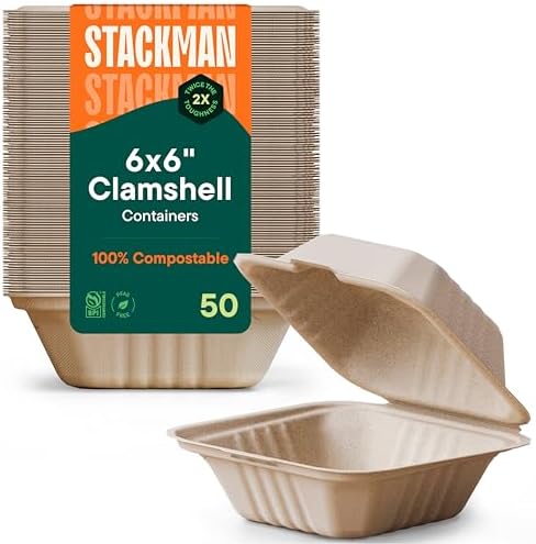 Stack Man 100% Compostable Clamshell Take Out Food Containers [6x6 50 ...