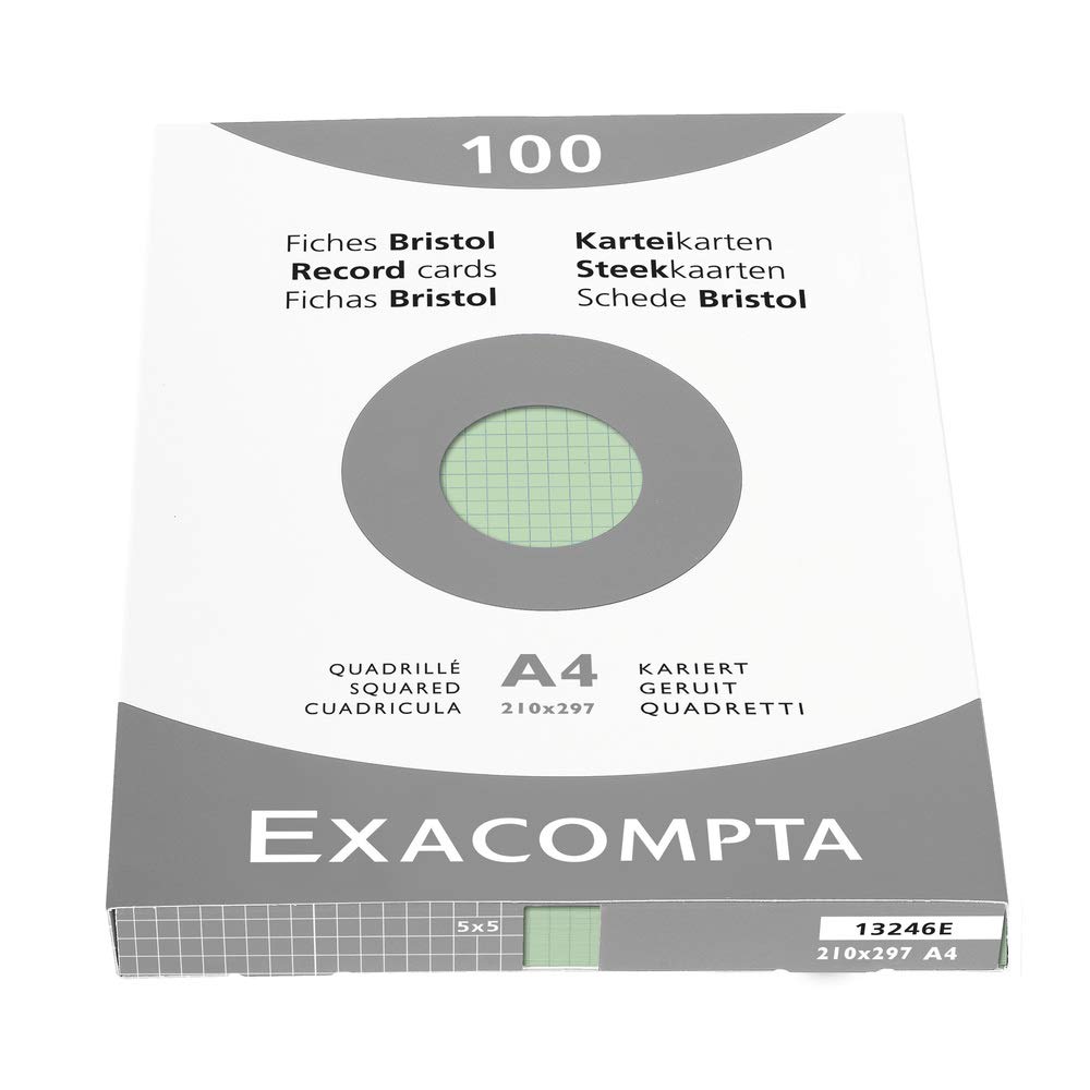 Exacompta - Ref 13246E - Bristol Squared Record Cards (Pack of 100) - A4 in Size, 205gsm Card, Compatible with Printers - Suitable for Exam Revision & Notes - Green — image 1