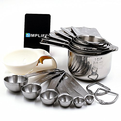 Measuring Cups and Spoons Set of 16, Durable and Stackable Stainless Steel 7 Measuring Cups and 6 Measuring Spoons with 2 Rings. Free Egg Separator.