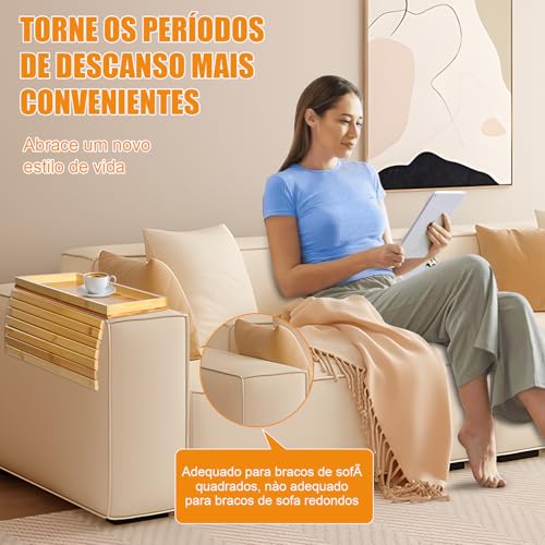 Mesa de Braço de Sofá 2 em 1, Bandeja de Braço de Sofá de Bambu, Bandeja Dobrável para Apoio de Braço