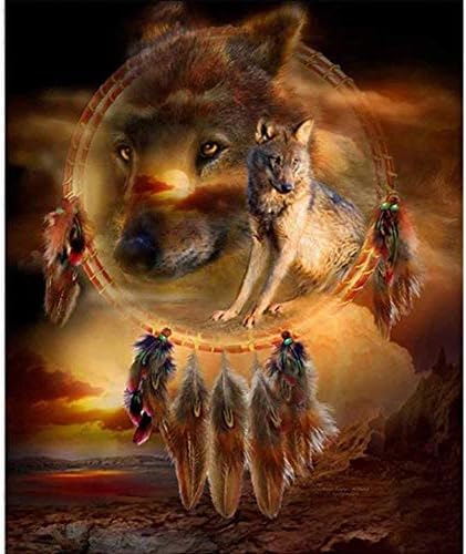5D DIY Diamond Painting by Number Kits, Full Drill Embroidery Rhinestone by Number Kit for Wall Decoration,Dreamcatcher Wolf