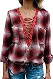 Yidarton Women Long Sleeve Plaid Shirt V Neck Casual Loose Pocket Button Down Shirts
