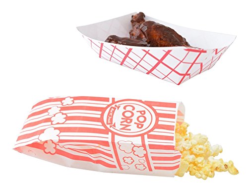 100 Red / White Food Trays (2 lb) WITH 100 Popcorn Bags (1 oz)