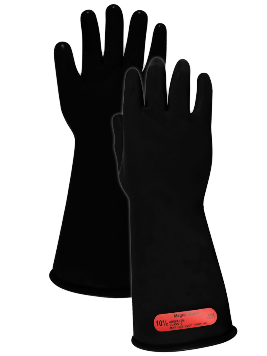 Magid Glove & Safety M014B11 A.R.C. Natural Rubber Latex Electrical Insulating Gloves with Straight Cuff, Class 0, Size 11, 14" Length, Black (1 Pair)