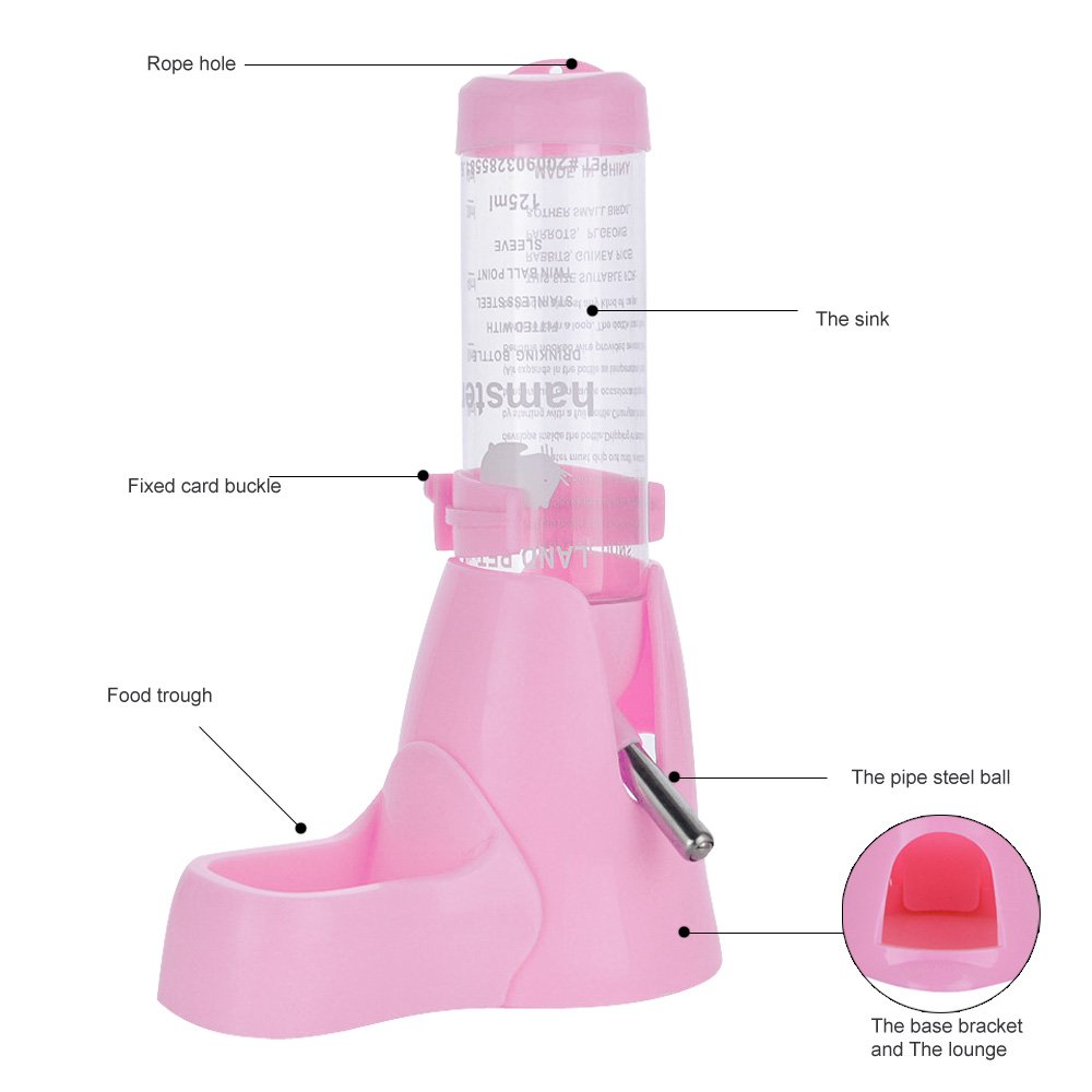 125ml Pet Water Bottle,Pet Drinking Bottle with Food Container Base Hut for Hamsters Rats Guinea-pigs Ferrets Rabbits Small Animals Hanging Water Feeding Bottles Auto Dispenser (Pink)