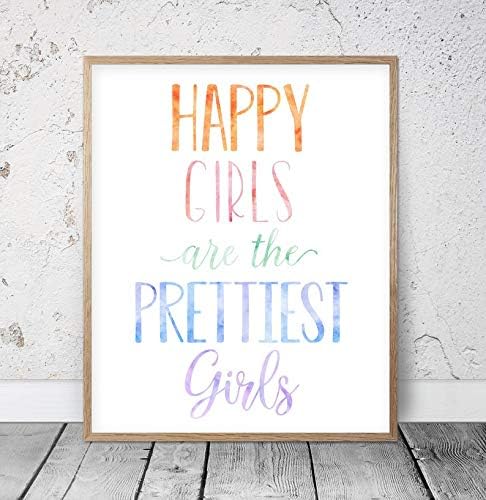 daoyiqi Wood Pallet Plaque with Frame Happy Girls are The Prettiest Girls, Nursery Printable Wall Art, Girls Room Decor, Rainbow Nursery Decor Girl, Dorm Room Quote Sign