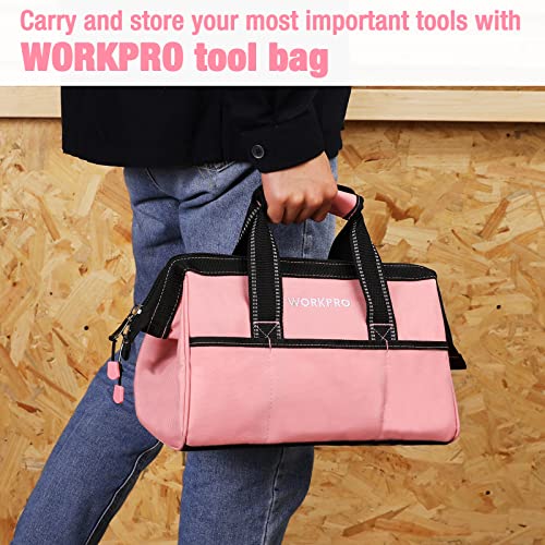 WORKPRO 13-inch Tool Bag, Pink Soft Cloth Tool Bags for Women, Wide Mouth Tool Tote Bag with Inside Pockets for Tool Storage