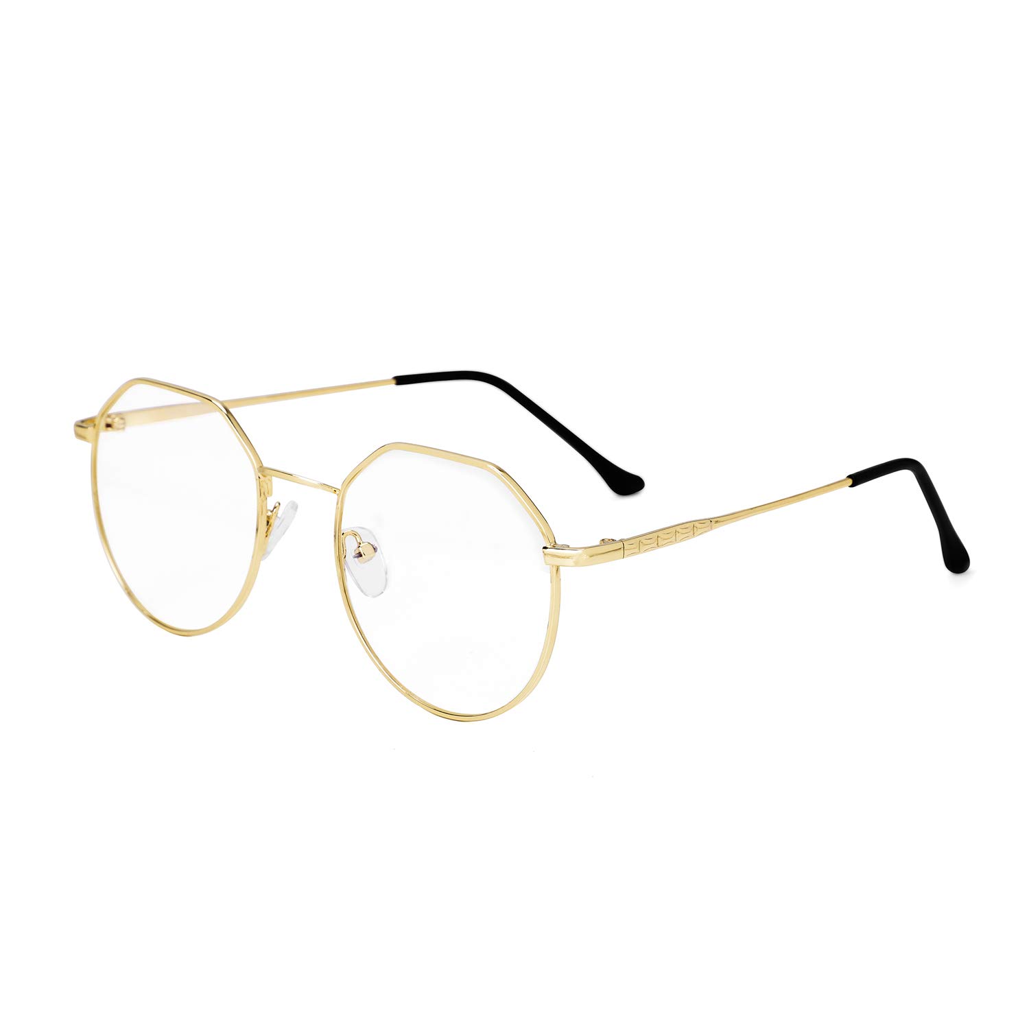 QCHOMEE Metal Optical Glasses Irregular Round Full-Rim Frame Women Men Blue Light Blocking Reading Glasses Vintage Eyewear Clear Lens 0 Dioptres Elegant Computer Phone Eye Protection Glasses (Gold)