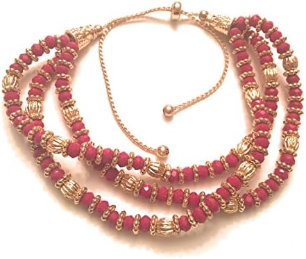 Sweet As Suga Collections Women's Multi Strand Beaded Cinch Bracelet- Gold and Red Burgundy Crystal
