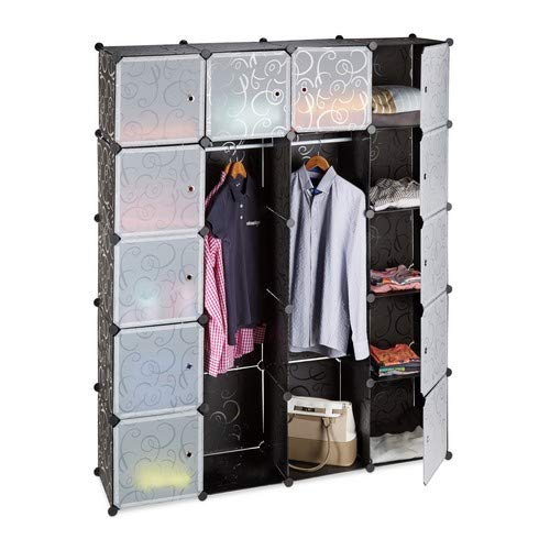 Relaxdays Kleiderschrank Stecksystem mit 2 Kleiderstangen, Garderobe mit 14 Fächer, Kunststoff Regalsystem, schwarz