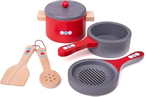 Bigjigs Toys Wooden Cooking Pans Set with Wooden Spoon and Spatula - Pretend Play and Role Play for Children