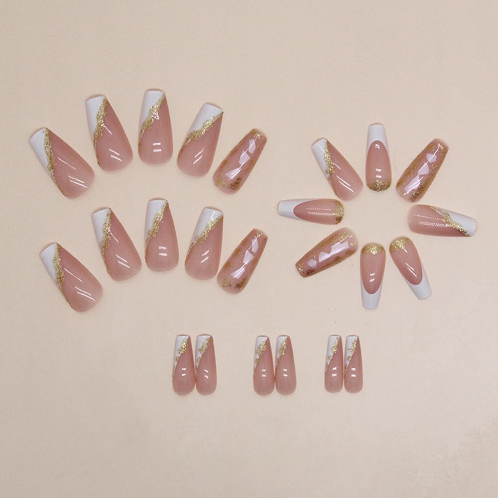 ANDGING French Tip Press on Nails White Short Medium Coffin Glue on Nails with Glitter Gold Leaf Design Gel Fake Nails for Wedding Birthday Acrylic False Nails Manicure Stick on Nail with Glue DK86S - Image 3