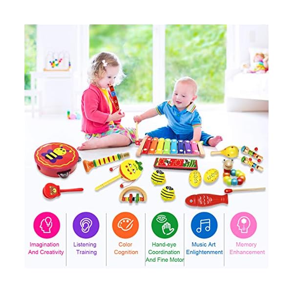 Only Better Toddlers Musical Instruments Wooden Music Toys 24 Pcs Musical Percussion Drum Set for 3 4 5 Years Olds 36…