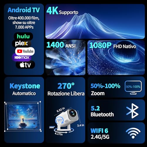 [Integrated App & 2026 Upgraded] 1080P 4K Projector with WiFi 6 Bluetooth 5.2 Mini Portable Projector Supports 270° Rotatable Car Keystone Projector TV Stick/USB/HDMI/PC with HDMI Cable & Mouse,White