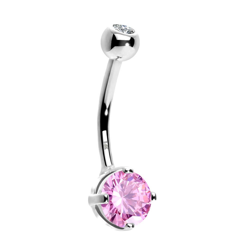 OUFER Belly Bar 14G 14K Solid Gold Belly Button Piercing Clear Round CZ Belly Piercing Navel Jewellery Navel Piercing Navel Bar White Gold