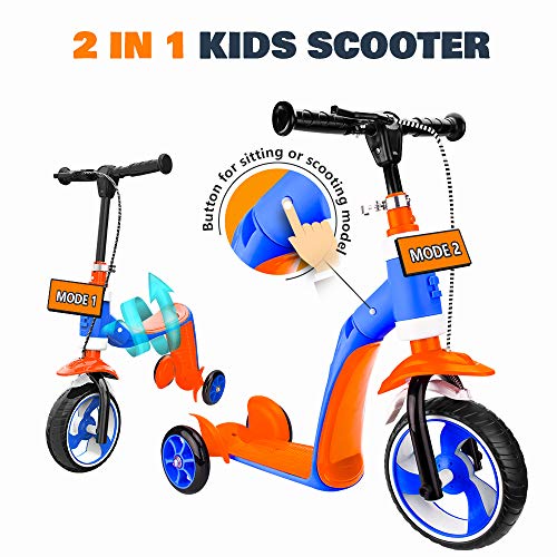 Verkstar Kick Scooter for Kids Toddlers Girls Boys, 2 in 1 Kids Scooter with Handbrake, Adjustable Handle, Extra-Wide Deck, The Latest Outdoor Toys for Kids Activities (Orange & Blue)