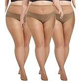 MERYLURE Plus Size Tights for Women, 20D Ultra Thin High Waist Pantyhose with Reinforced Toes Sheer Stockings 3 Pairs