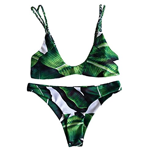 ZAFUL Women's Cami Palm Tree Padded Sexy Top T-shaped Shorts Bikini Set Leaves Print Push-up Holiday Beach Swimwear(L)