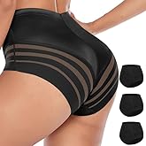 WOWENY 3 Pack Tummy Control Underwear for Women High Waisted Shapewear Mesh Seamless Brief Butt Lifter Panties(Black, Small)