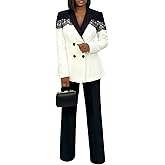 Tcremisa Womens 2 Piece Pants Suit Long Sleeve Lace Patchwork Blazer Straight Leg Pant Set Business Office Work Outfits