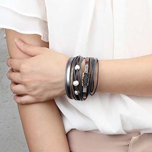 COOLLA Women Genuine Leather Vintage Volcanic Stone Wrap Bangle Bracelet Pearl Pendant Magnet Buckle (Grey) - Thumbnail 6